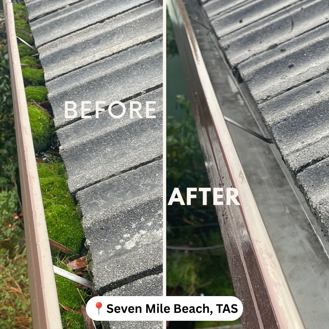 Gutter cleaning before and after at Seven Mile Beach, Tasmania