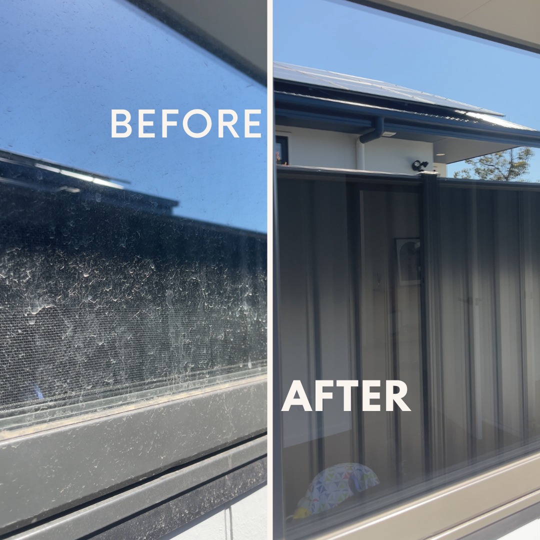 Window cleaning before and after — dirty glass with grime buildup on the left, crystal clear glass on the right after professional cleaning by Refined Grounds