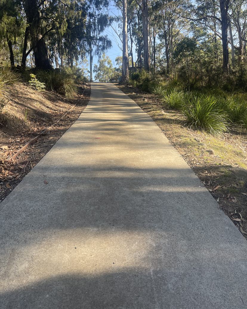 Long concrete bush driveway in Fern Tree darkened with grime, before cleaning