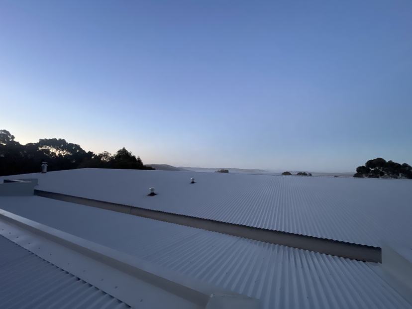White Colorbond roof in Blackmans Bay at dusk after lichen treatment, water view beyond
